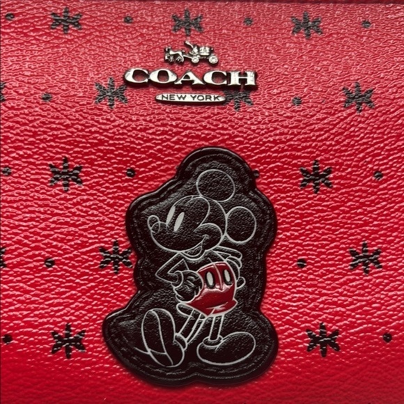 Coach Mickey Mouse Prairie Wallet Bandana Print Full Zip Pebble Leather Red W OS - Picture 5 of 16